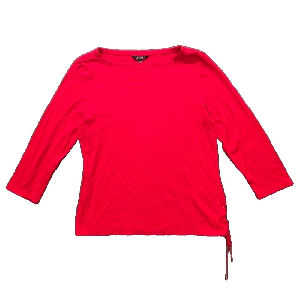 Lauren Ralph Lauren Top Red Knit Tie Side 3/4 Sleeve Tee Size X-Large A011475